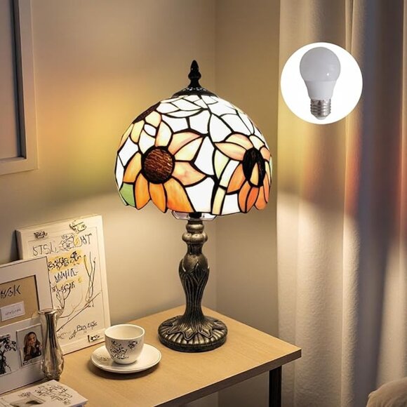 Tiffany Style Table Lamp, 8'' Yellow Sunflower Handmade Stained Glass Lampshade - Picture 2 of 6